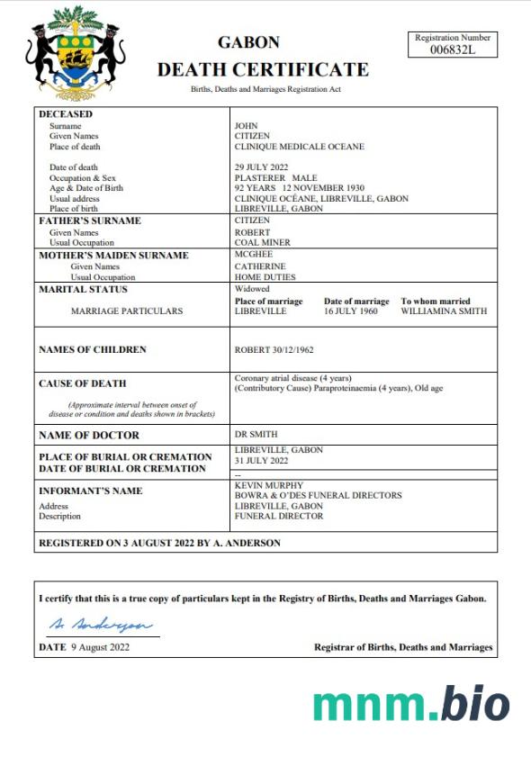 Gabon śmierć certyfikat Word i PDF szablon